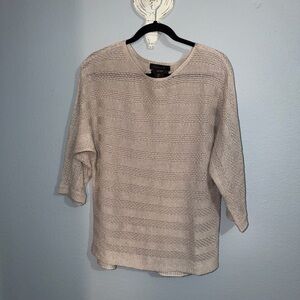 Tahari Sweater Womens Beige, Small 100% Linen Pullover 3/4 Sleeve Slit Hem Knit